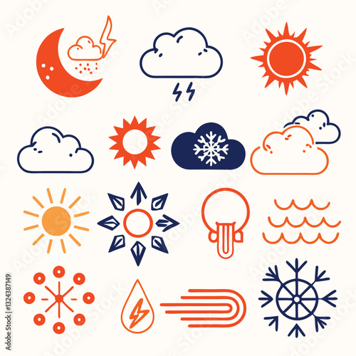 A vector icon set for weather forecast, featuring sun, cloud, rain, snow, and storm symbols for climate and meteorology design
