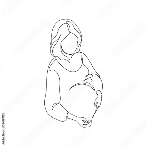 Pregnant woman silhouette isolated on white background. Pregnancy concept in one line art style. Abstract pregnant woman, maternal care, baby, mother, gynecology, health concept. Vector illustration