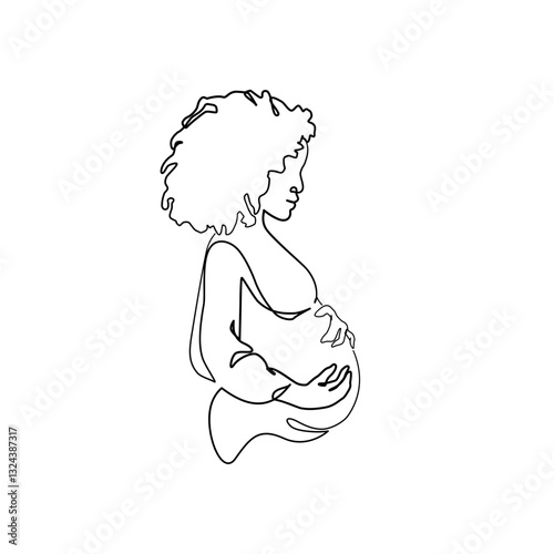 Pregnant African American woman silhouette isolated on white background. Pregnancy one line art. Abstract pregnant woman, maternal care, baby, mother, gynecology, health concept. Vector illustration