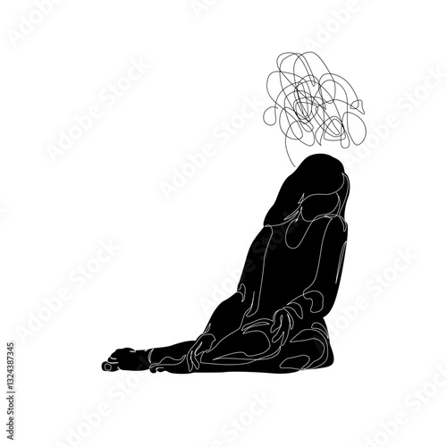 Unhappy woman in corner alone, feeling lonely, sad, Abstract depressed young girl silhouette suffering from anxiety. Mental health problem concept. Minimal one line drawing art. Continuous line vector