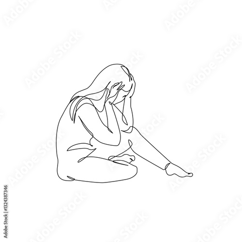 Unhappy woman feeling lonely, sad, Abstract depressed young girl silhouette suffering from anxiety. Mental health problem concept. Minimal one line drawing art. Continuous line vector illustration