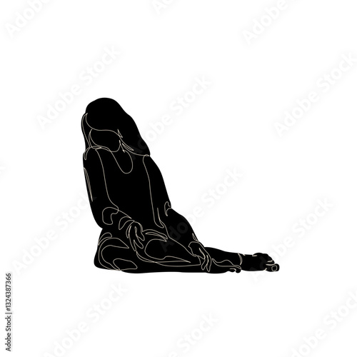 Unhappy woman in corner alone, feeling lonely, sad, Abstract depressed young girl silhouette suffering from anxiety. Mental health problem concept. Minimal one line drawing art. Continuous line vector