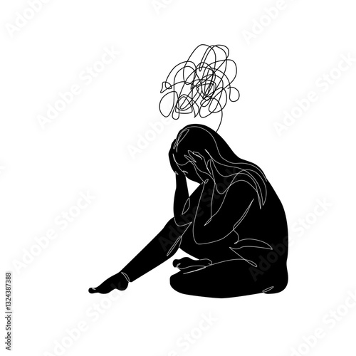 Unhappy woman feeling lonely, sad, Abstract depressed young girl silhouette suffering from anxiety. Mental health problem concept. Minimal one line drawing art. Continuous line vector illustration
