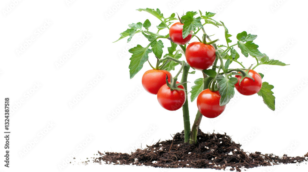 Fresh cherry tomato plant growing in soil on transparent background Fresh cherry tomato plant growing in soil on transparent background
