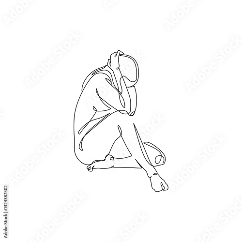 Unhappy woman feeling lonely, sad, Abstract depressed young girl silhouette suffering from anxiety. Mental health problem concept. Minimal one line drawing art. Continuous line vector illustration