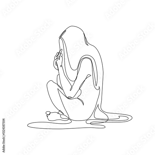 Unhappy woman feeling lonely, sad, Abstract depressed young girl silhouette suffering from anxiety. Mental health problem concept. Minimal one line drawing art. Continuous line vector illustration