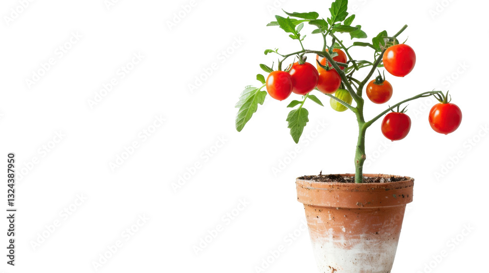 Cherry tomato plant growing in terracotta pot with transparent background Cherry tomato plant growing in terracotta pot with transparent background