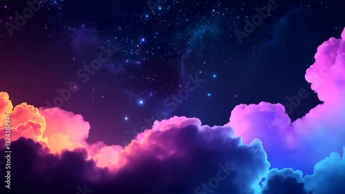Colorful neon clouds transition into starry night sky with cosmic beauty
