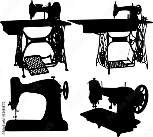 Set of sewing machines silhouette, vector on white background