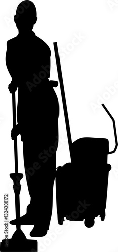 woman vacuuming floor, cleaning lady silhouette, vector on white background