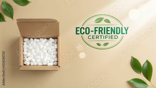 Eco-friendly packaging with certificate and leaves on a neutral background.