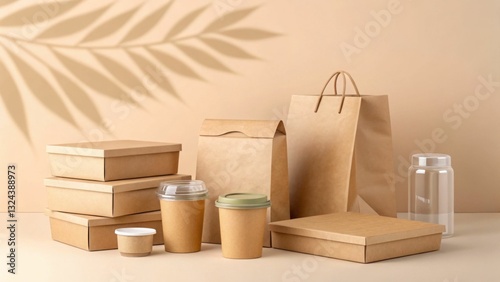 Eco-friendly packaging concept, Packaging items arranged on a soft background with natural shadows. photo