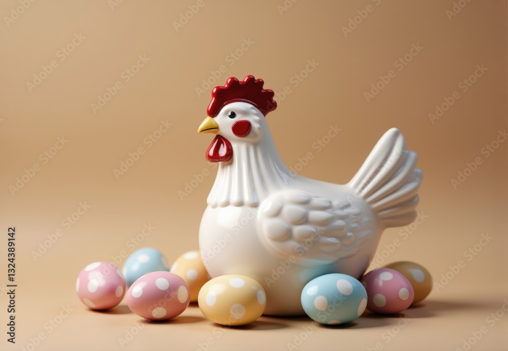 White Ceramic Hen Figurine with Pastel Easter Eggs White Ceramic Hen Figurine with Pastel Easter Eggs