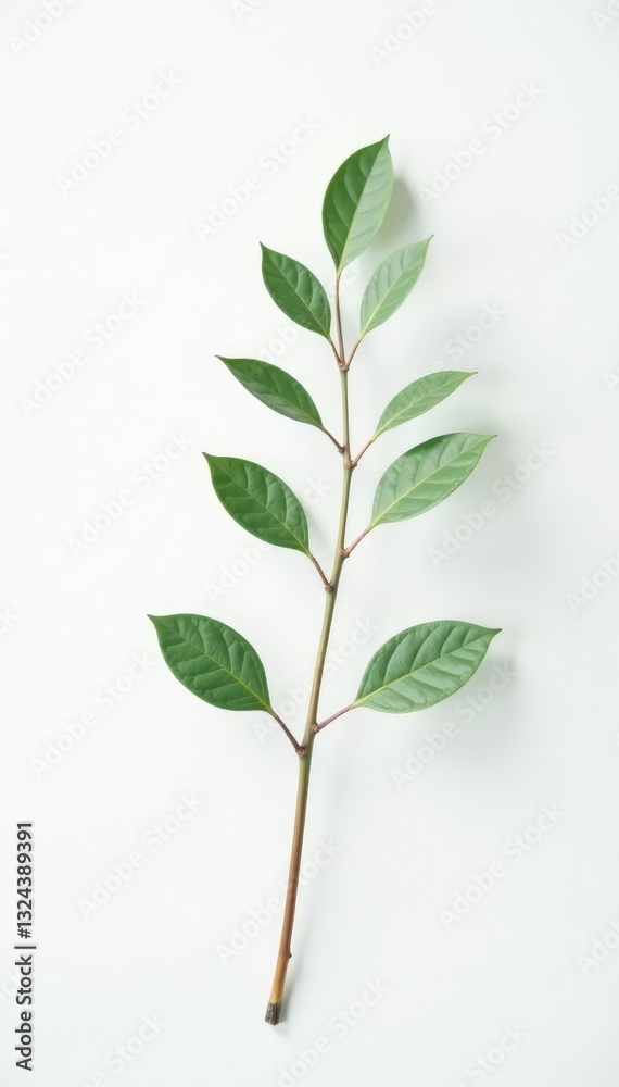 Fototapeta premium Single branch with delicate leaves isolated on white background, minimalist, serene