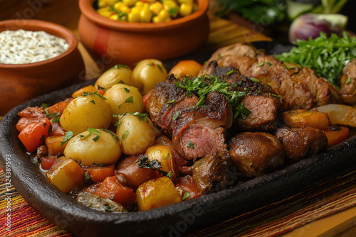 Traditional Peruvian Pachamanca, Slow-Cooked Marinated Meat and Vegetables Served on Rustic Stone Platter