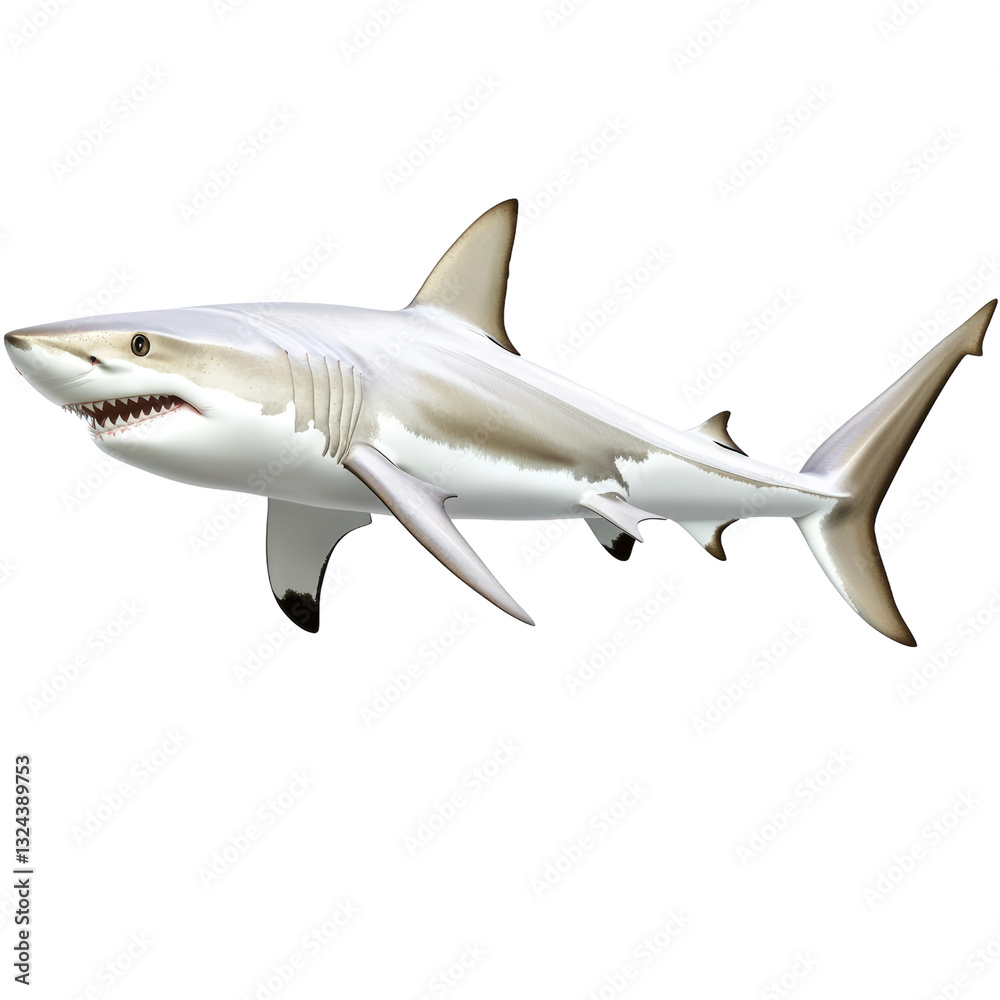 Obraz premium Majestic great white shark swimming gracefully in crystal clear waters showcasing its power and beauty isolated on a white background.