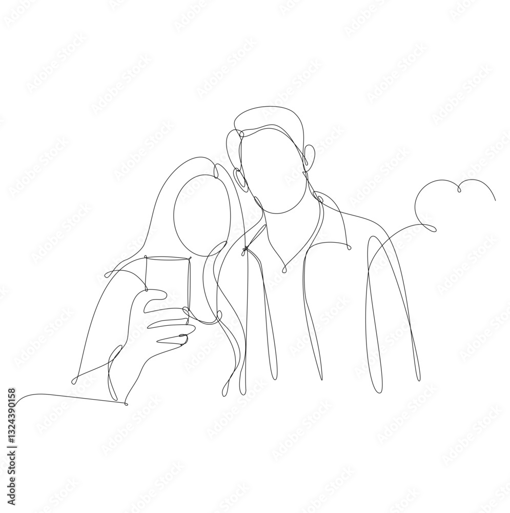 couple take a selfie. Continuous line vector illustration, white background. couple take a selfie. Continuous line vector illustration, white background.