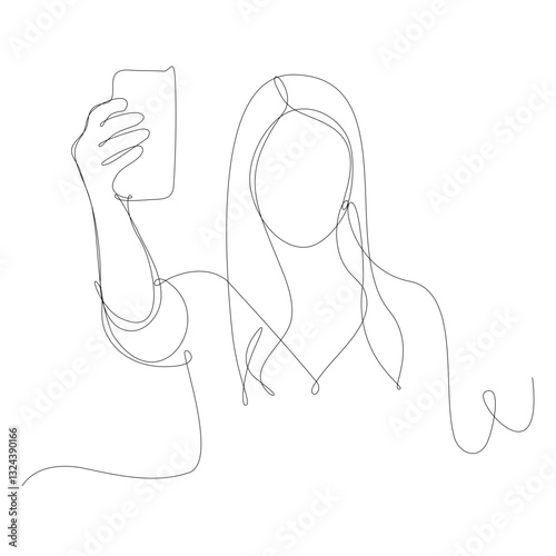 young woman with smartphones take a selfy. Continuous line vector illustration, white background.