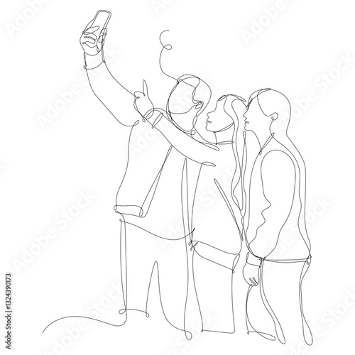 Three friends take a selfie. Continuous line vector illustration, white background.