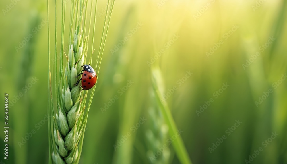 Fototapeta premium Close-up ladybug on green wheat grain with blurred backdrop. Macro photo of coccinellidae insect, vibrant colors, sharpened detail on plant. Agriculture harvest organic farm growth.