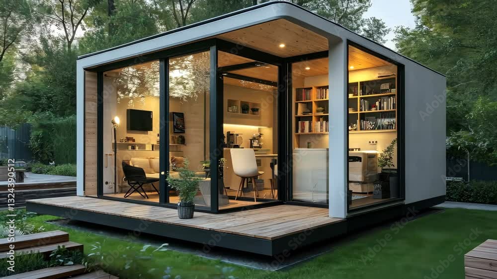 Modern tiny home office with large windows in lush greenery setting