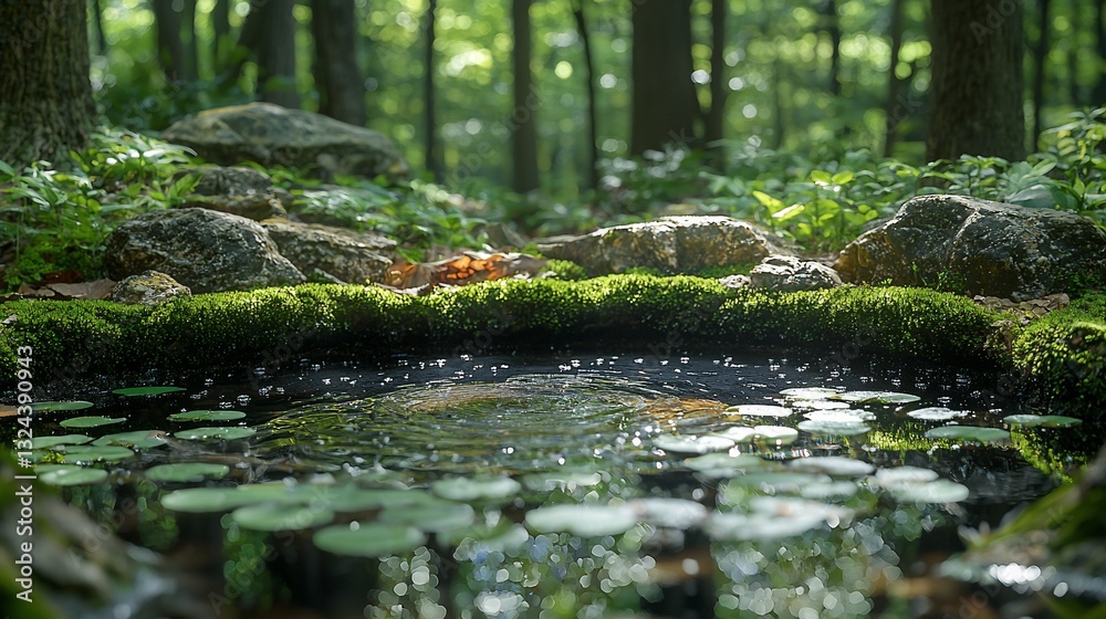 Tranquil forest pond surrounded by lush greenery and mossy stones, reflecting nature's beauty Tranquil forest pond surrounded by lush greenery and mossy stones, reflecting nature's beauty