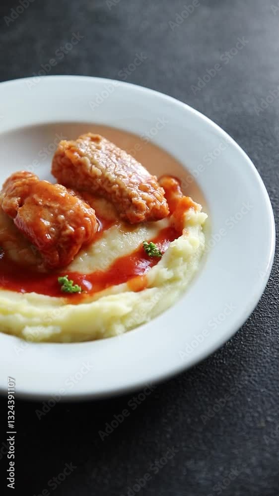 Fish in tomato sauce and mashed potatoes tasty fresh delicious gourmet food background table rustic food top view copy space Fish in tomato sauce and mashed potatoes tasty fresh delicious gourmet food background table rustic food top view copy space