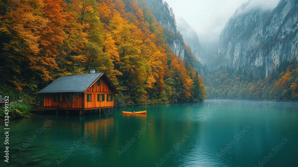 Fototapeta premium Autumnal lake house, misty mountains, canoe, calm water, nature escape