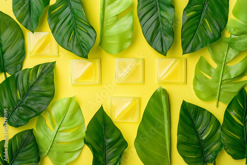 Creative fluorescent color layout made of tropical leaves with neon light square. Minimal nature background. A flat lay made of tropical leaves with neon-light squares in fluorescent colors photo