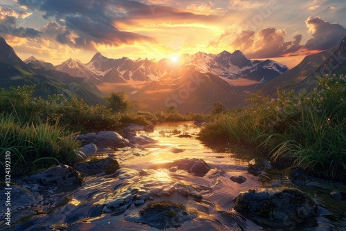 Detailed Color Image of Beautiful Sunset Over Majestic Mountains with Creek in Background photo