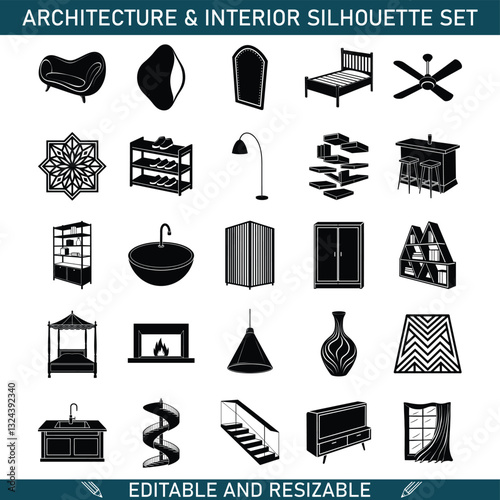 Editable Architecture Interior Silhouette Set Furniture, Fixtures, Design