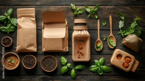 Eco friendly food packaging and ingredients arranged on rustic wooden table photo