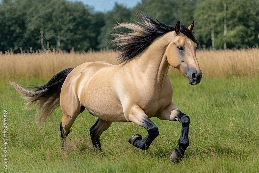 Mare horse running on pasture in springtime; Odenwald, Baden-Wurttemberg, Germany Mare horse running on pasture in springtime; Odenwald, Baden-Wurttemberg, Germany