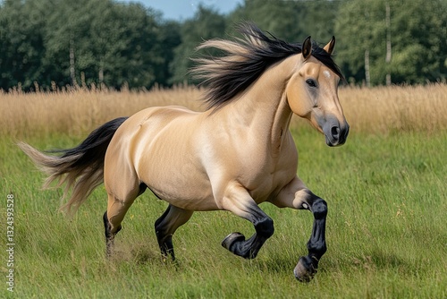 Mare horse running on pasture in springtime; Odenwald, Baden-Wurttemberg, Germany