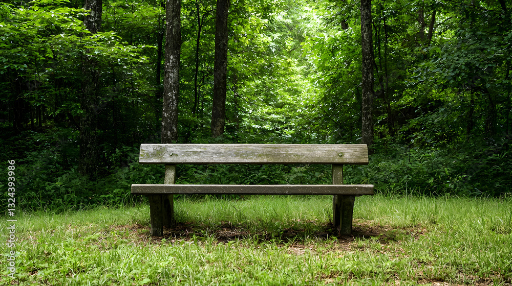 Wooden Bench in Lush Green Forest Setting Illuminated by Sunlight Peaceful Outdoor Scene Wooden Bench in Lush Green Forest Setting Illuminated by Sunlight Peaceful Outdoor Scene