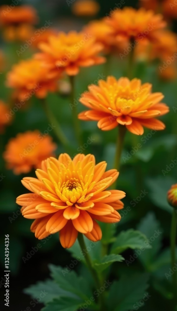 Full bloom chrysanthemum flowers in a garden with orange hues, garden, stems Full bloom chrysanthemum flowers in a garden with orange hues, garden, stems