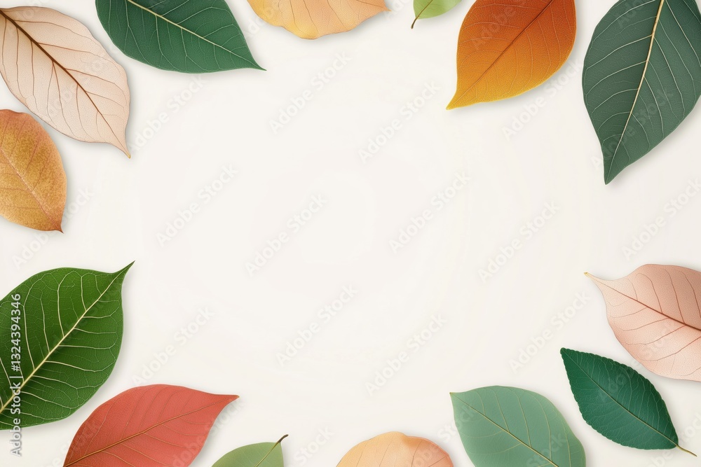 Fototapeta premium A white background with a frame of leaves in various colors. The leaves are arranged in a circle, with some overlapping and others standing alone