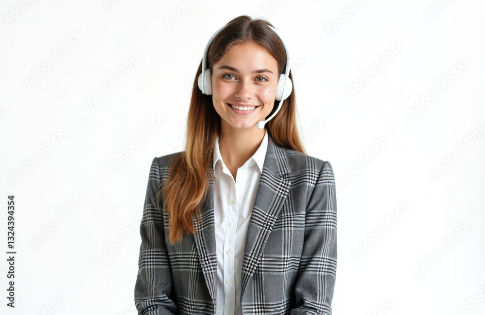 Smiling woman in headset works in call center. Isolated transparent background. Young agent provides client support. Businesswoman offers telemarketing assistance, gives consultation, uses Smiling woman in headset works in call center. Isolated transparent background. Young agent provides client support. Businesswoman offers telemarketing assistance, gives consultation, uses