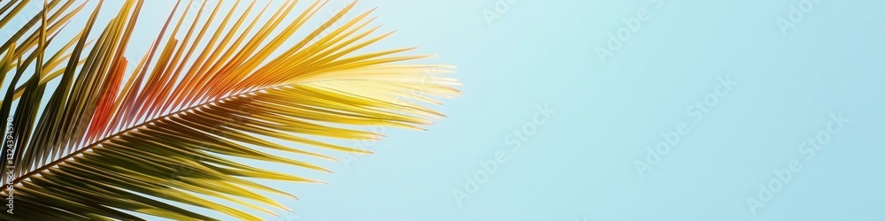 Fototapeta premium A palm tree with a leaf on it is shown against a blue sky. Concept of relaxation and tranquility, as the palm tree and blue sky create a peaceful and serene atmosphere
