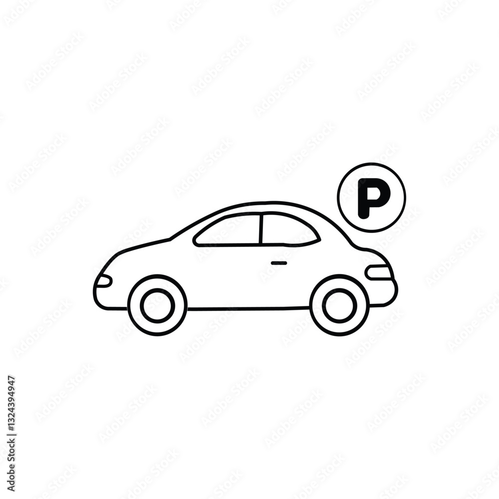 Car parking ,Parking Zone Icon Vector: Minimalist Car and 'P' Sign Line Illustration in Black and White Car parking ,Parking Zone Icon Vector: Minimalist Car and 'P' Sign Line Illustration in Black and White