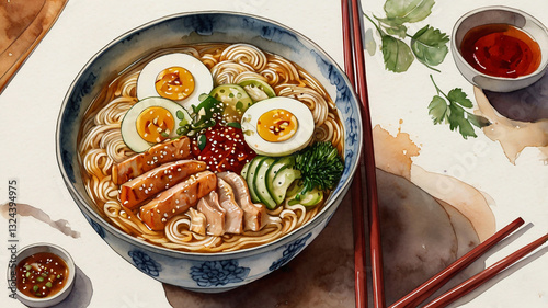 Hand-Drawn Watercolor Illustration of a Ramen Bowl