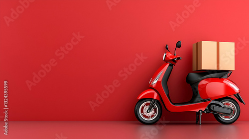 Red scooter with delivery box parked against vibrant red wall showcasing modern urban transportation solution for food and parcel delivery services