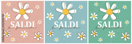 Saldi di primavera con margherite e sfondi colorati