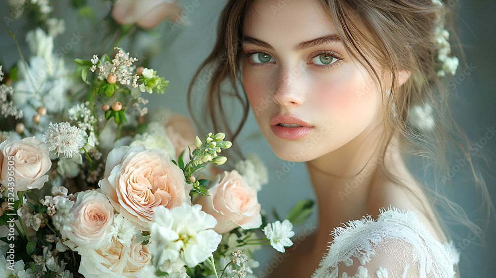 Obraz premium Young woman with natural beauty and soft features poses gracefully with a bouquet of pastel flowers against a blurred background in an elegant setting
