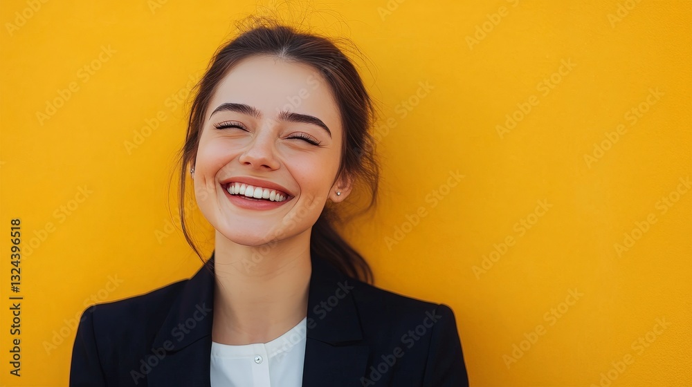 Young Businesswoman Laughing Against Yellow Wall Young Businesswoman Laughing Against Yellow Wall