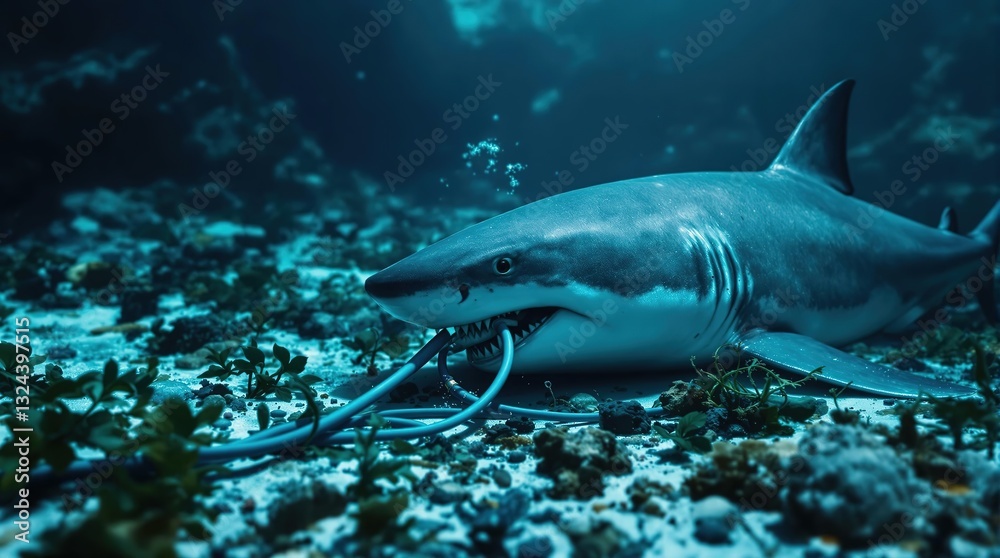 Fototapeta premium Shark holding cables underwater in a marine environment