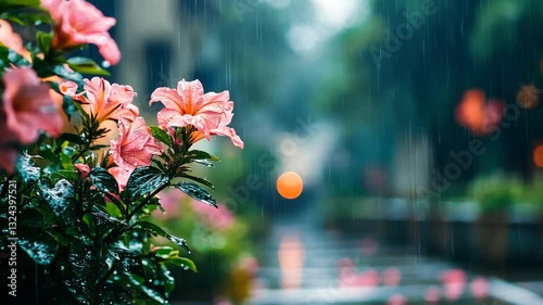 Rainy Day Flowers: Pink Hibiscus Blossoms in the Rain
