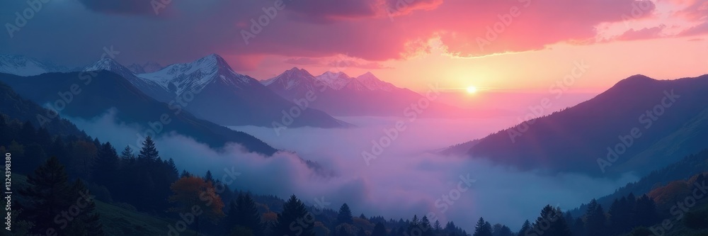 Obraz premium Galactic light shines through misty mountain fog, landscape, galaxy