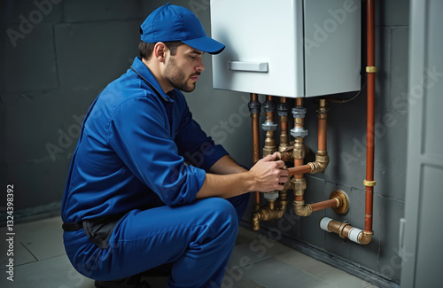 Plumber checks water heater boiler, pipes, installing service. Home repairman in blue uniform, cap works with hydraulic system. Maintenance concept hot water, heating, plumbing, assistance in house.
