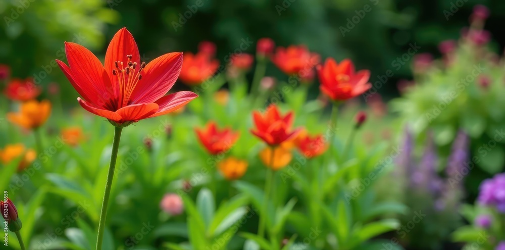 Lycoris radiata in a garden with other plants, Blooming, Garden, Foliage Lycoris radiata in a garden with other plants, Blooming, Garden, Foliage